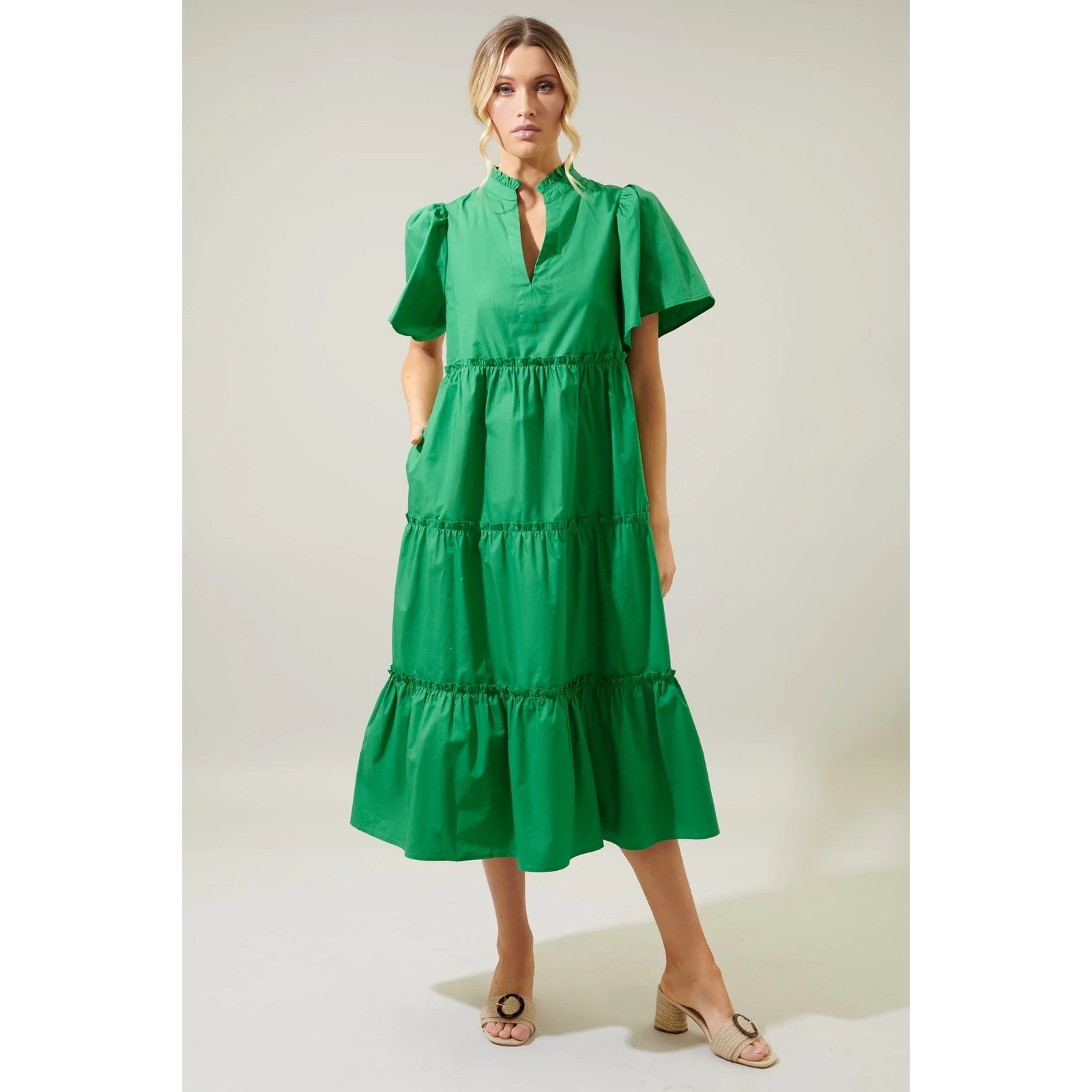 Sugarlips Noelle Split Neck Poplin Tiered Midi Dress Kelly Green Sz Medium Chic